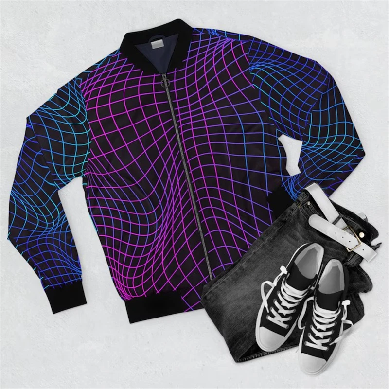 2024 New Men's Hoodie Neon Lamp Stripe Coat 3D Printing Casual Harajuku Zipper Sweater Men's Long Sleeve Pullover Bomber Jackets