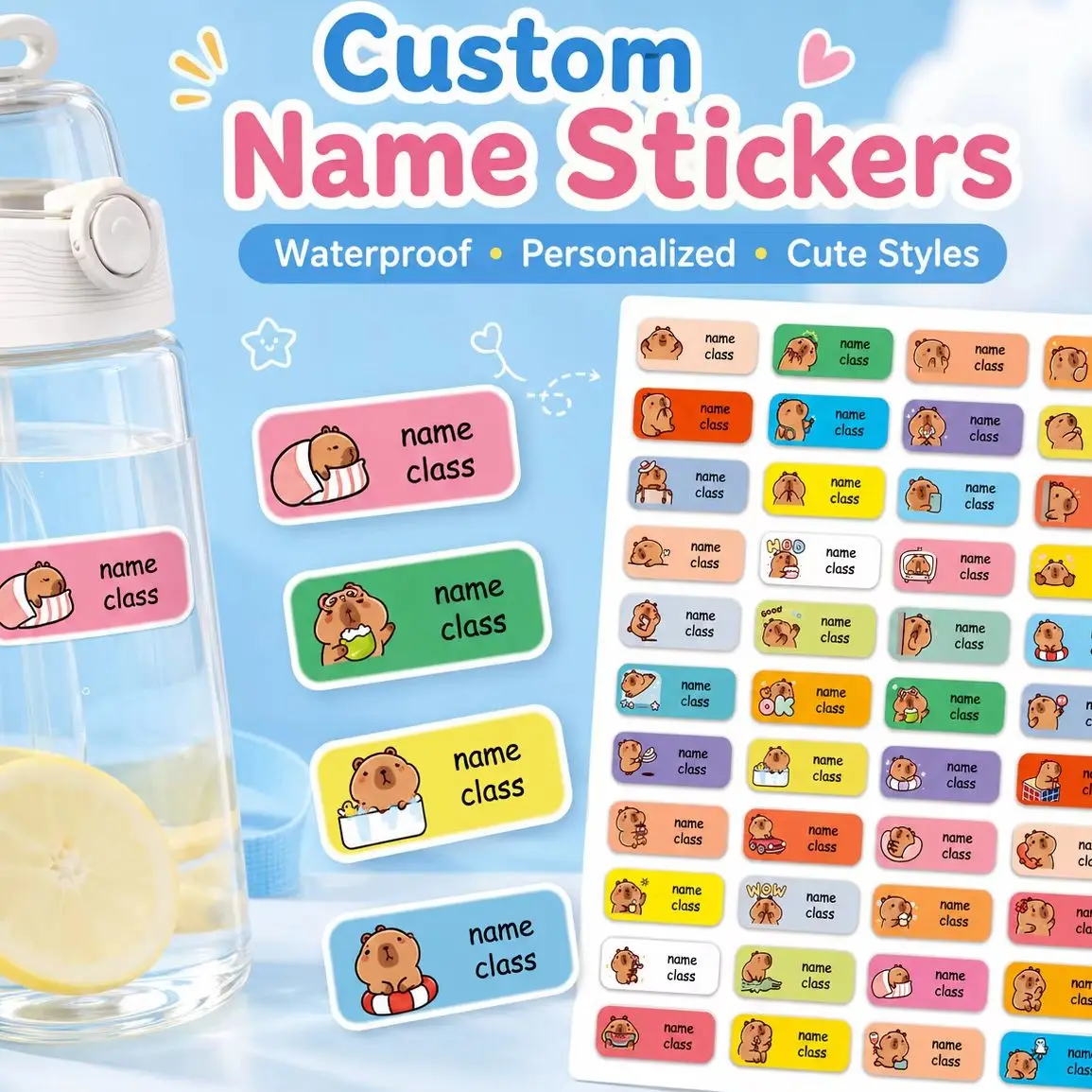 Personalized Label Stickers for Kids, Custom Capybara Name Stickers for Water Bottles and Children's School Stationery, Waterpro