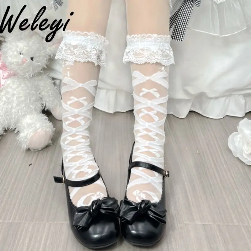 

Japanese Jirai Kei Lolita Bow Bandage Black Calf Socks Ladies Sweet Strap Lace Socks Summer Glass Silk Jk Mid Tube Socks Women