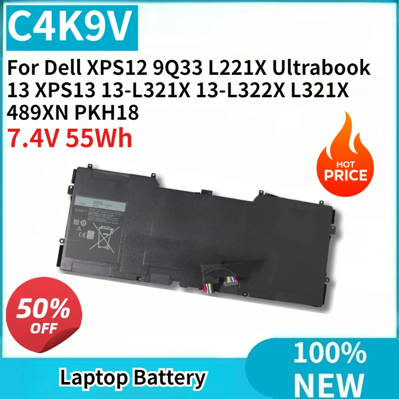 

New C4K9V 7.4V 55Wh Laptop Battery Replaceable for Dell XPS12 9Q33 L221X Ultrabook 13 XPS13 13-L321X 13-L322X L321X 489XN PKH18