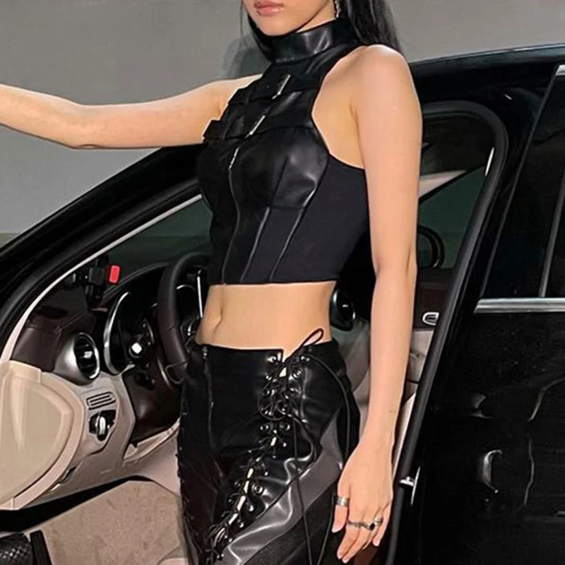 SUCHCUTE Punk Stil Leder PU Patchwork Crop Tops Frauen Grunge Biker Ärmelloses Korsett Tank Top Streetwear Dark Academia Weste – Detail 16