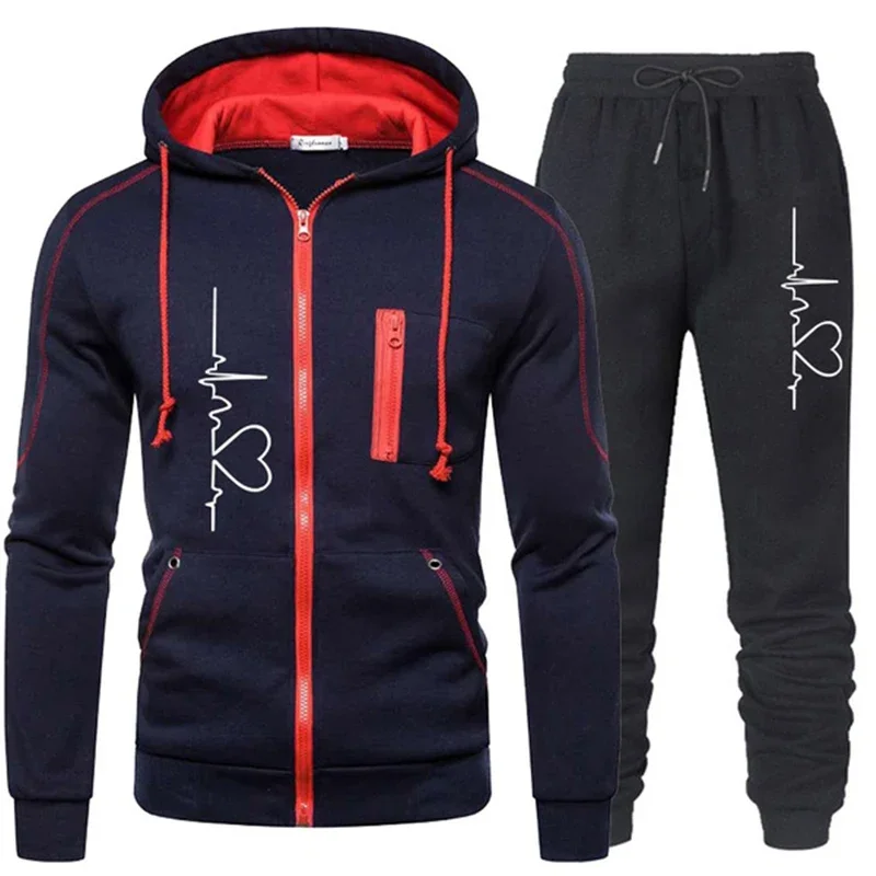 

Popular Mens Tracksuit Autumn Sweatpants 2 Piece Set Sport Zipper Jacket+Running Trousers Suit Daily Casual PrintStreet Clothing