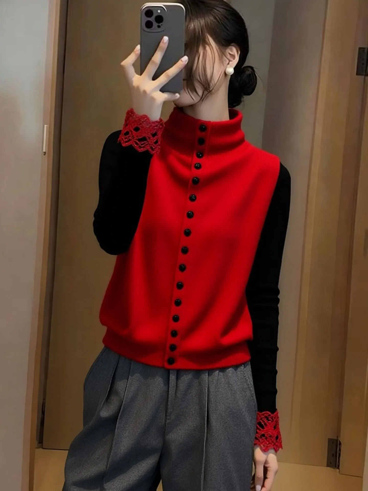 

Элитный европейский красный вязаный жилет с высоким воротом в корейском стиле для повседневной носки, весна 2026, теплый женский модный топ