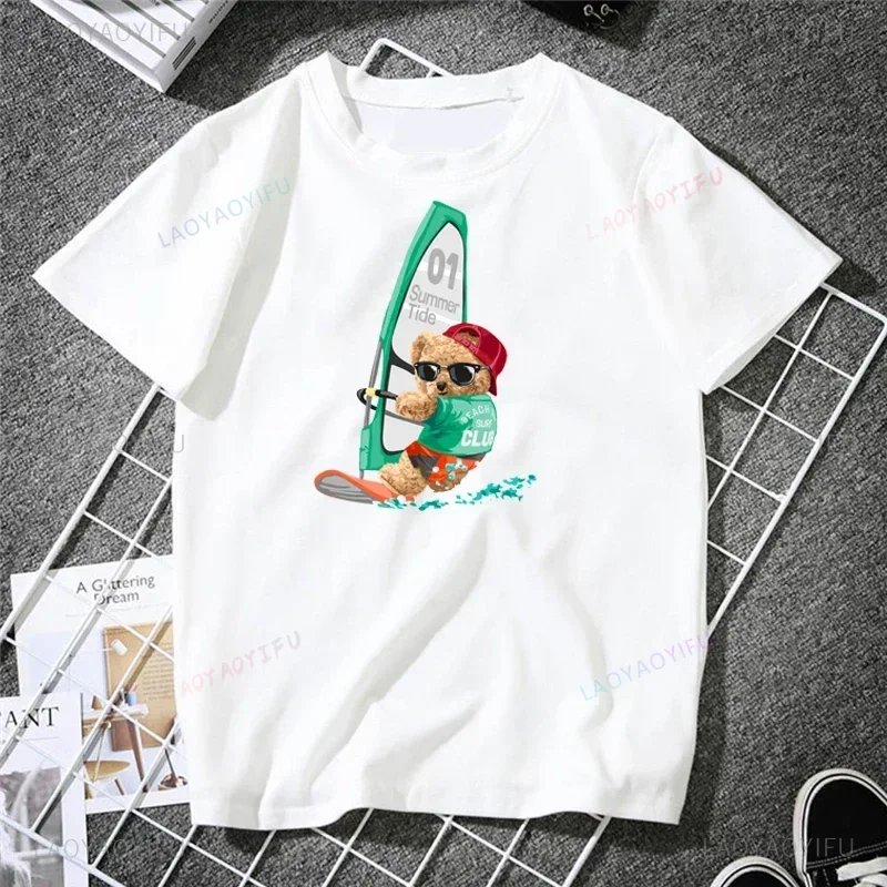 Teddy Bear Playing Badminton Tshirt Exercise Clothing Short Sleeve Tops Graphics Kawaii Men Women Short Sleeve Printed Shirt Top