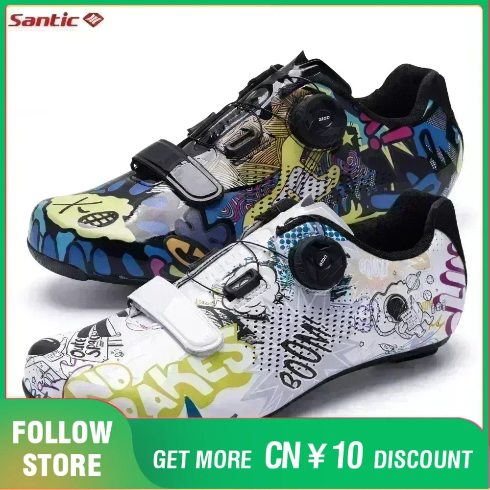 Santic Cycling Lock Shoes Unisex Men Women Colorful Auto-lock Biking Shoes Nylon Sole Outdoor Road Bike Riding Bicycle Sneakers