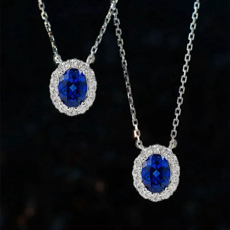 Desire 2024 New Product S925 Silver Necklace European and American Style Blue Jadeite Elliptical 6 * 9 Geometric 925 Pendant