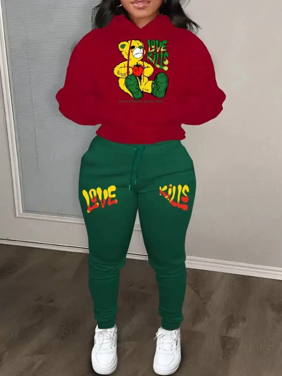 2025 New Fun Fashion Printed Women's Sports Shirt Set Hooded Pants Set Women's Slow Running Sports Shirt Two Piece Set