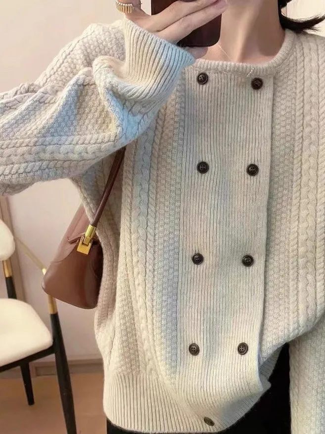 

Женский свитер большого размера (300 Pou) с круглым вырезом, свободного кроя, с двойной застежкой на пуговицах, повседневный, премиум-класса, в американском стиле, с длинными рукавами