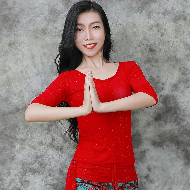 Costumi di danza del ventre personalizzati, outfit da pratica, top sexy, vestibilità slim, versatile, completo da ballo, top a maniche lunghe in rete, può essere tirato