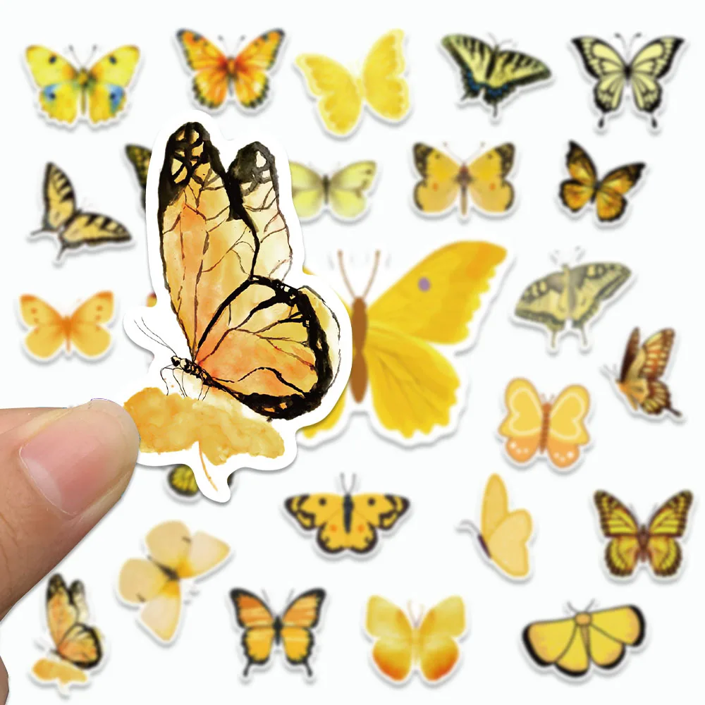 50PCS Retro Yellow Butterfly Stickers Cartoon INS Style Aesthetics Decals For Laptop Refrigerator Scrapbook Skateboards Stickers