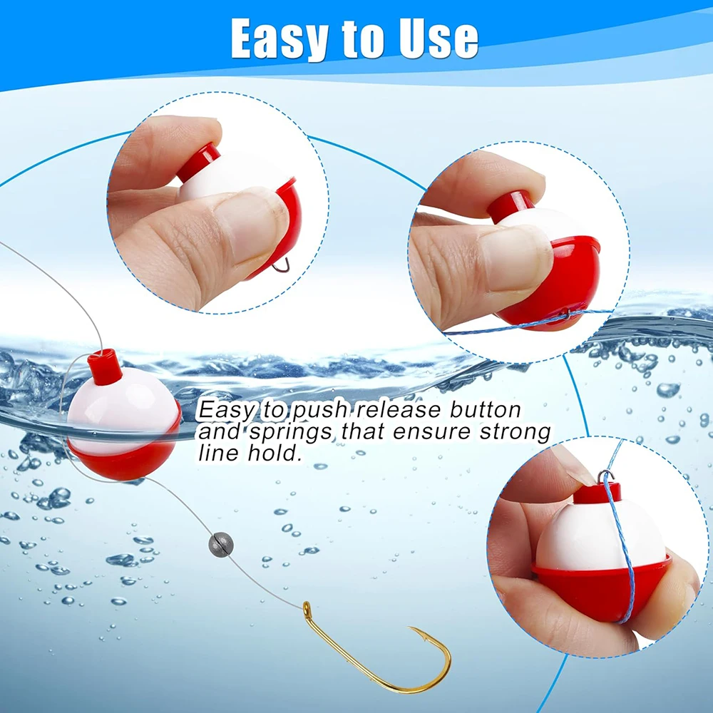 5pcs Snap-On Fishing Floats Bobbers Hard ABS Push Button Red & White Round Buoy 1' 1.25' 1.5' 1.75' for Angling