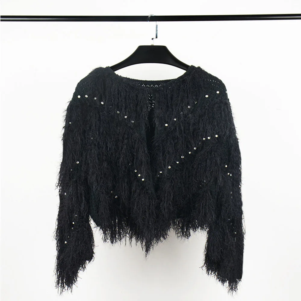 Luxury Sweater Coat For Women Irregular Rhinestone Sequins Fringed Knit Cardigan Bat Sleeve Hollow Beaded Faux Fur Tassels Tops