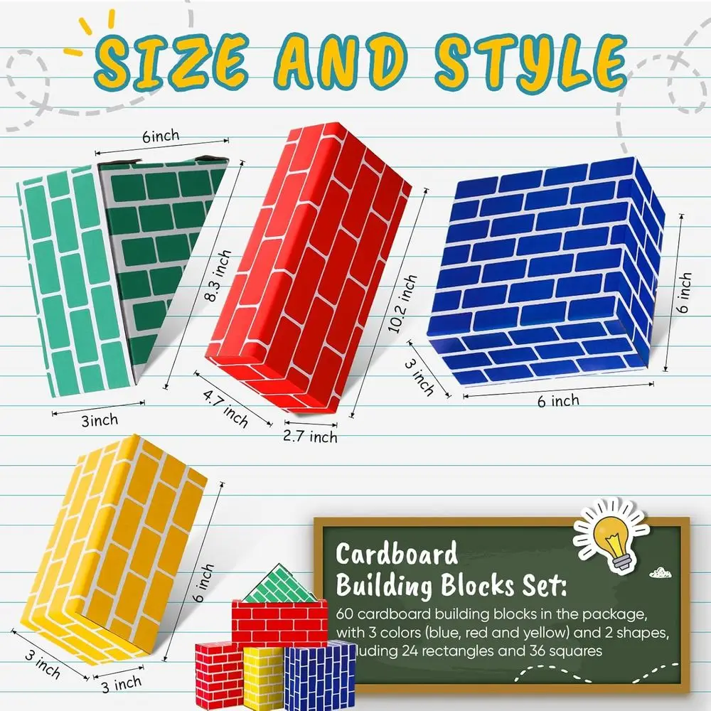 Set di 48 blocchi di cartone jumbo per bambini: forme spesse e impilabili in blu, giallo, rosso, verde per giochi educativi