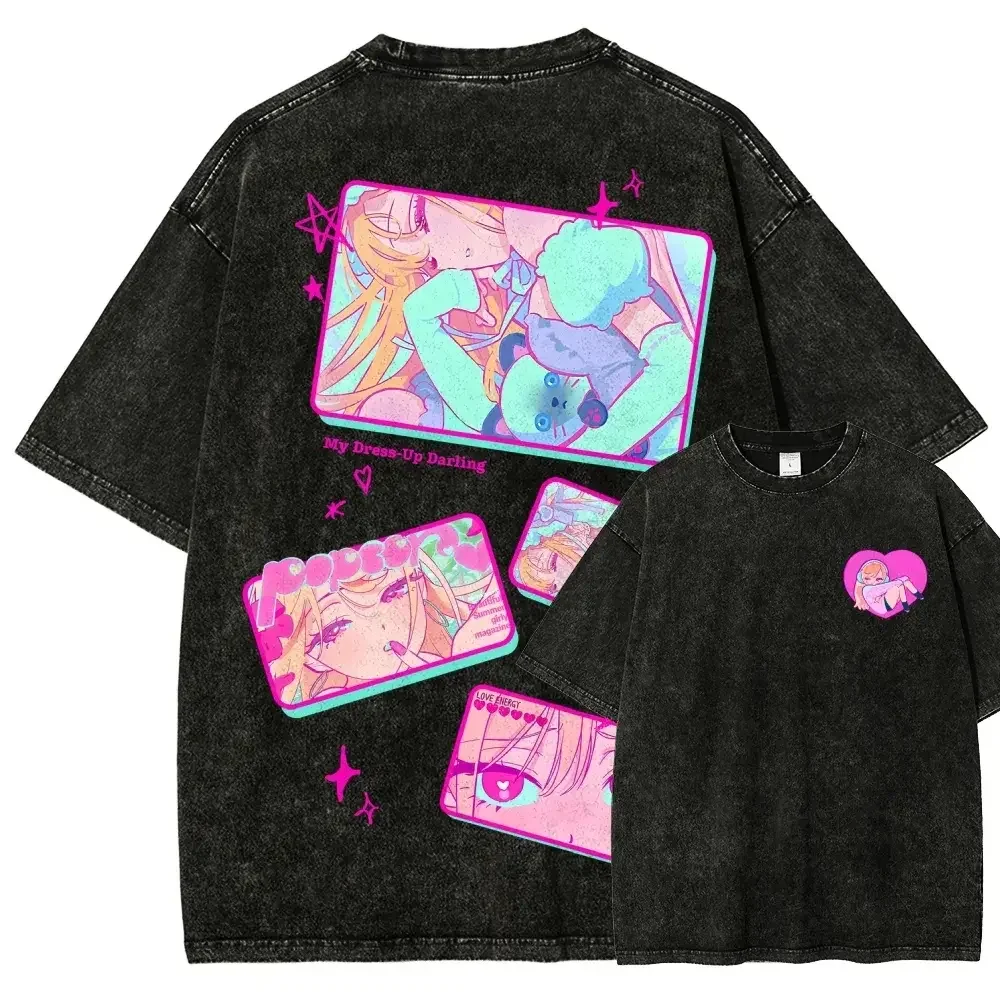 Anime My Dress-Up Darling Marin T-shirt Cartoon Vintage Washed T Shirt Men Women Clothing Summer Short Sleeve Cotton Tees Tops