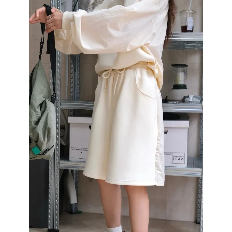 Autumn Splicing Sweatpants Women Shorts Loose Japanese Style Sports Lazy Feeling Soft Skin-friendly Slim Navy Blue Elastic Waist