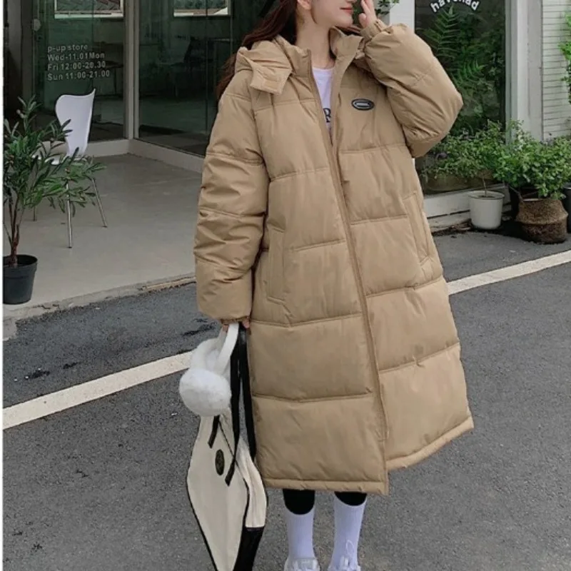 2023 New Women Down Cotton Coat Winter Jacket Female Long Over The Knee Parkas Loose Thick Outwear Solid Color Hooded Overcoat