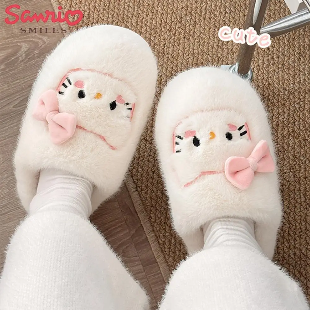 Hello Kitty Women Plush Slippers Sanrio Kawaii Anime Cartoon Cute Cat Home Slippers Winter Warm Girly Heart Cute Student Indoor