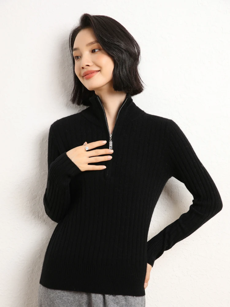 MEETCC nouveau femmes 100% cachemire mince pull pull col rabattu doux chaud tricots automne hiver demi fermeture éclair pulls