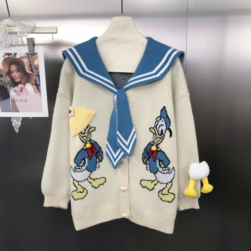 New Japanese College Style Age-Reducing Tie Color-Block Cartoon Jacquard Loose Pullover Sweater Ladies Y2k Long-sleeves Knitwear