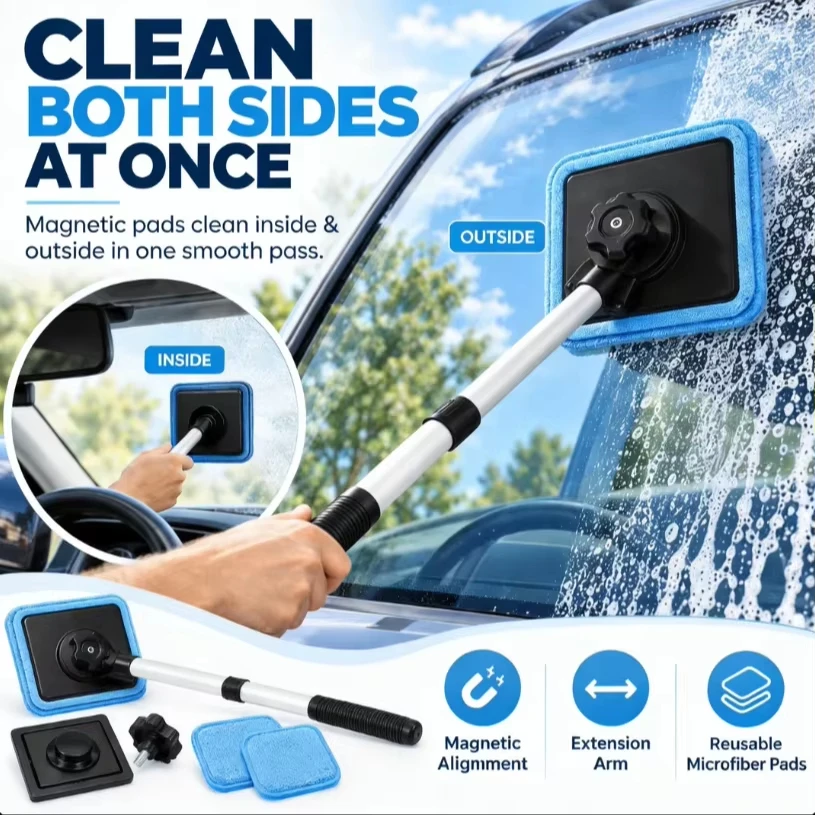 Extendable Handle Windshield Cleaner Magnetic Lock Glass Cleaning Kit Car Window Cleaning Tool Detachable Pads Streak-Free