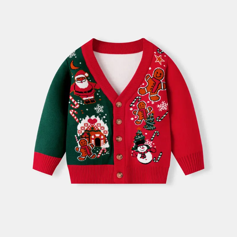 

New Autumn Winter Christmas Children's Cartoon Printing Long Sleeves Snowman Sweater Jacket Baby Knitted Cardigan for Boys Girls