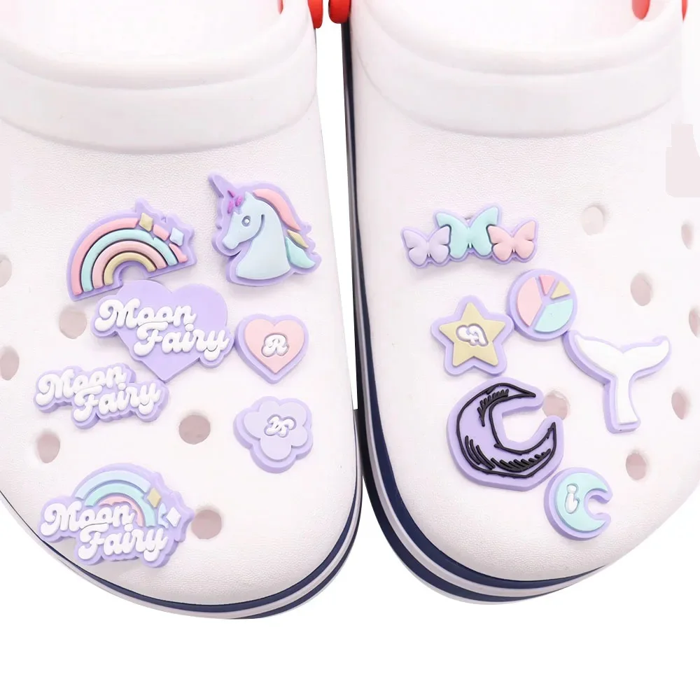 

Wholesale 50pcs PVC Shoe Charms Rainbow Star Moon Heart Unicorn Accessories Kids Shoe Ornament Fit Hot Gift DIY Party Gift