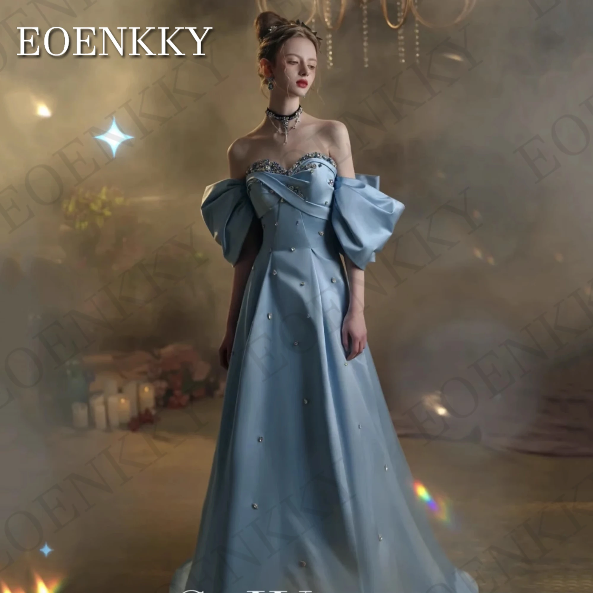 Off The Shoulder Prom Jurk Blauw Satijn Kristal Sweetheart A Lijn Formele Gelegenheid Jurken, 파, gloss bow Princess Women Off The Shoulder Prom Dress Blauw Satijn  Kristal Sweetheart A-lijn Formele Gelegenheid Jurken