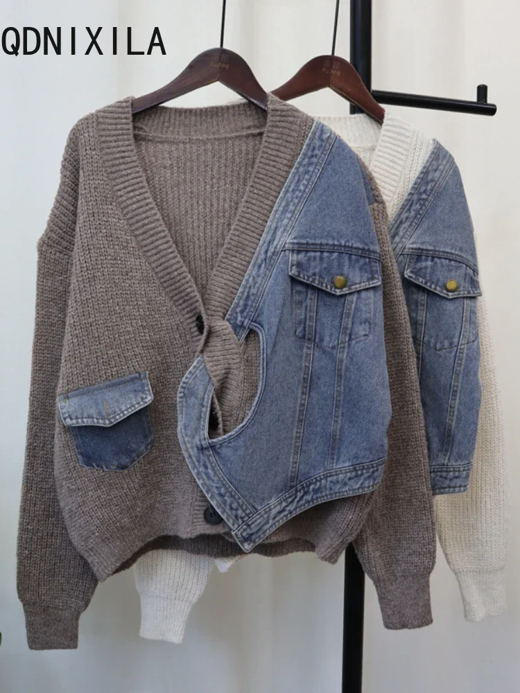 New Women Sweater Autumn Winter Spliced Denim Design Sense Knitted Cardigan Loose Casual Versatile Sweater Jacket for Women