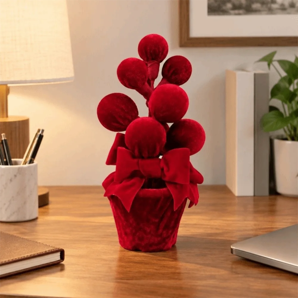 Velvet Fabric Red Christmas Ball Potted Plant Freestanding Artificial Pine Branches and Berries Mini Christmas Tree Potted