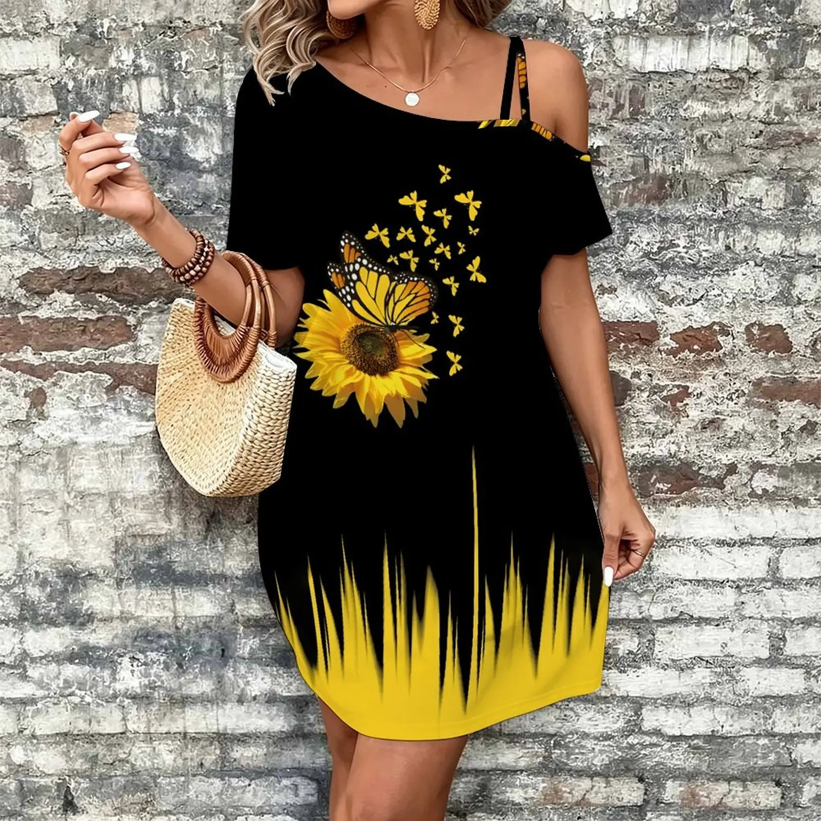 Women Print Cold Shoulder Short Sleeve Mini Dress Irregular Off Shoulder Casual Loose Tunic Dress