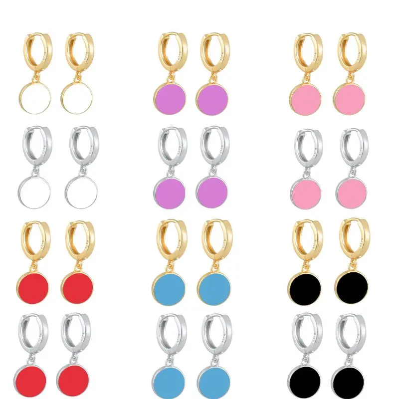 

2024 New 925 Sterling Silver Needle Colorful Enamel Disc Pendant Hoop Earrings for Women Simple Gold Earring Jewelry Accessories