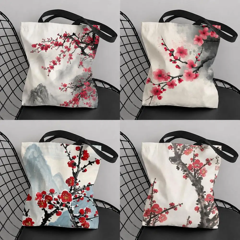 Re Plum Blossom Storage Bags Structured Canvas Tote Bag Large Aesthetic Shoulder Handbag Reusable Casual Shopping Bags