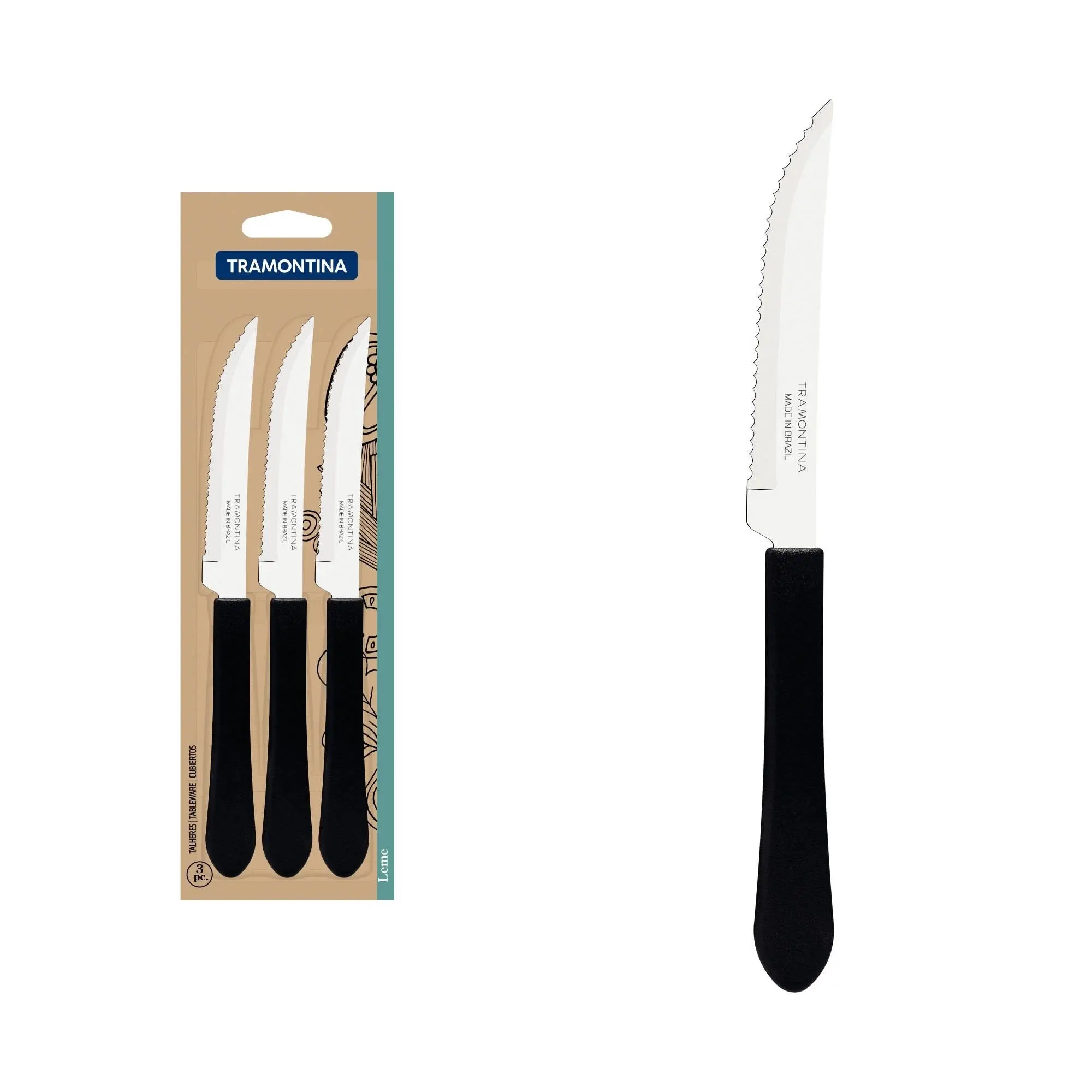 Conjunto de Facas para Churrasco Tramontina Leme com Lâminas em Aço Inox e Cabo Preto 3 Peças Tramontina