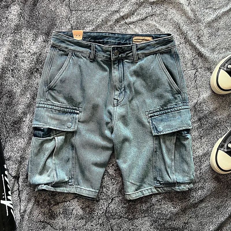 

Ретро износостойкие рабочие джинсы-шорты с множеством карманов, хлопковые джинсовые брюки-капри для молодежи, летние свободные прямые брюки