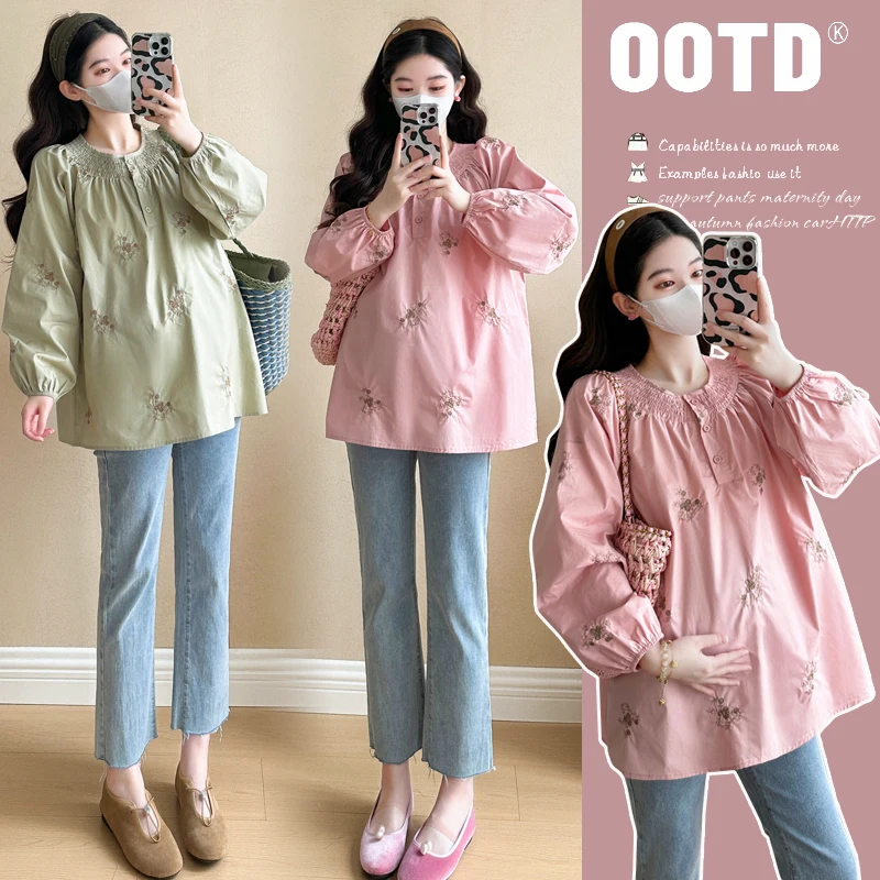 25SS Spring Korean Fashion Doll-style Shirts for Maternity Y2K Youth Pregnancy Blouses Oversize Loose Vintage Embroidery Tops