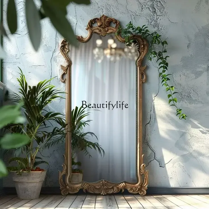 

French retro floor full-length mirror carved mirror European special-shaped changing mirror