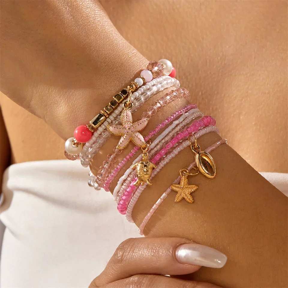 Fashion Multilayer Stacked Bracelets Set for Women Bohemian Shell Starfish Beaded Bracelets Summer Beach Party Jewelry Gift
