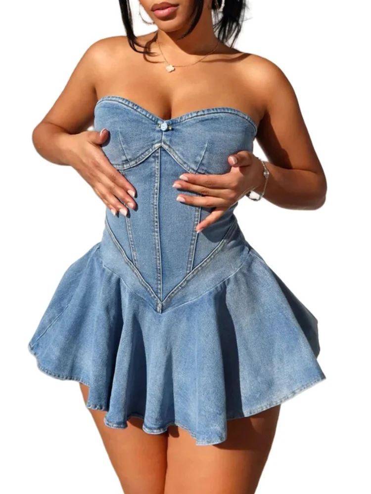 Benuynffy Sexy Tube Backless Denim Dress Women Summer Streetwear Party Sleeveless Ruffle Hem Slim Mini Dress Fashion Vestidos