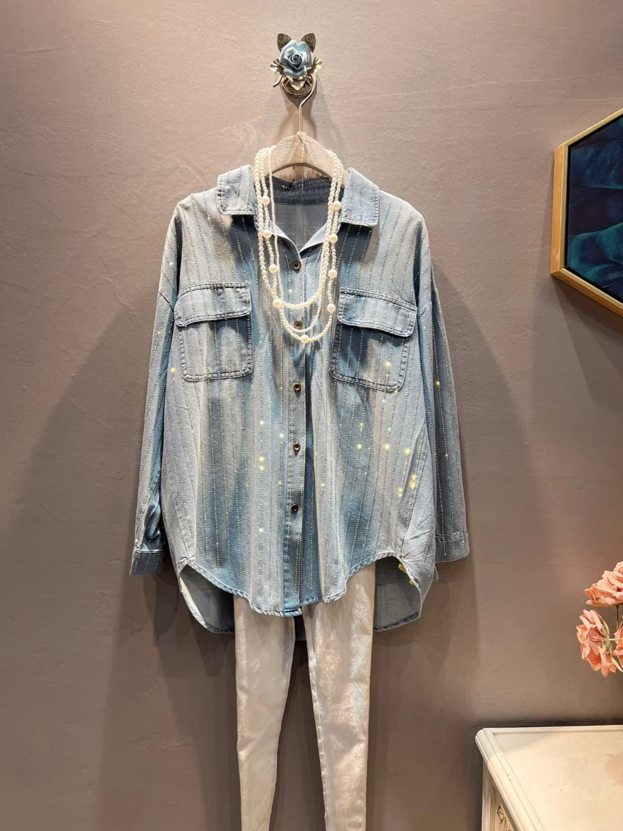 

SuperAen 2024 Spring Hot Diamond Shirt Light Thin Flip Collar Loose Denim Shirt Long Sleeved Shirt for Women