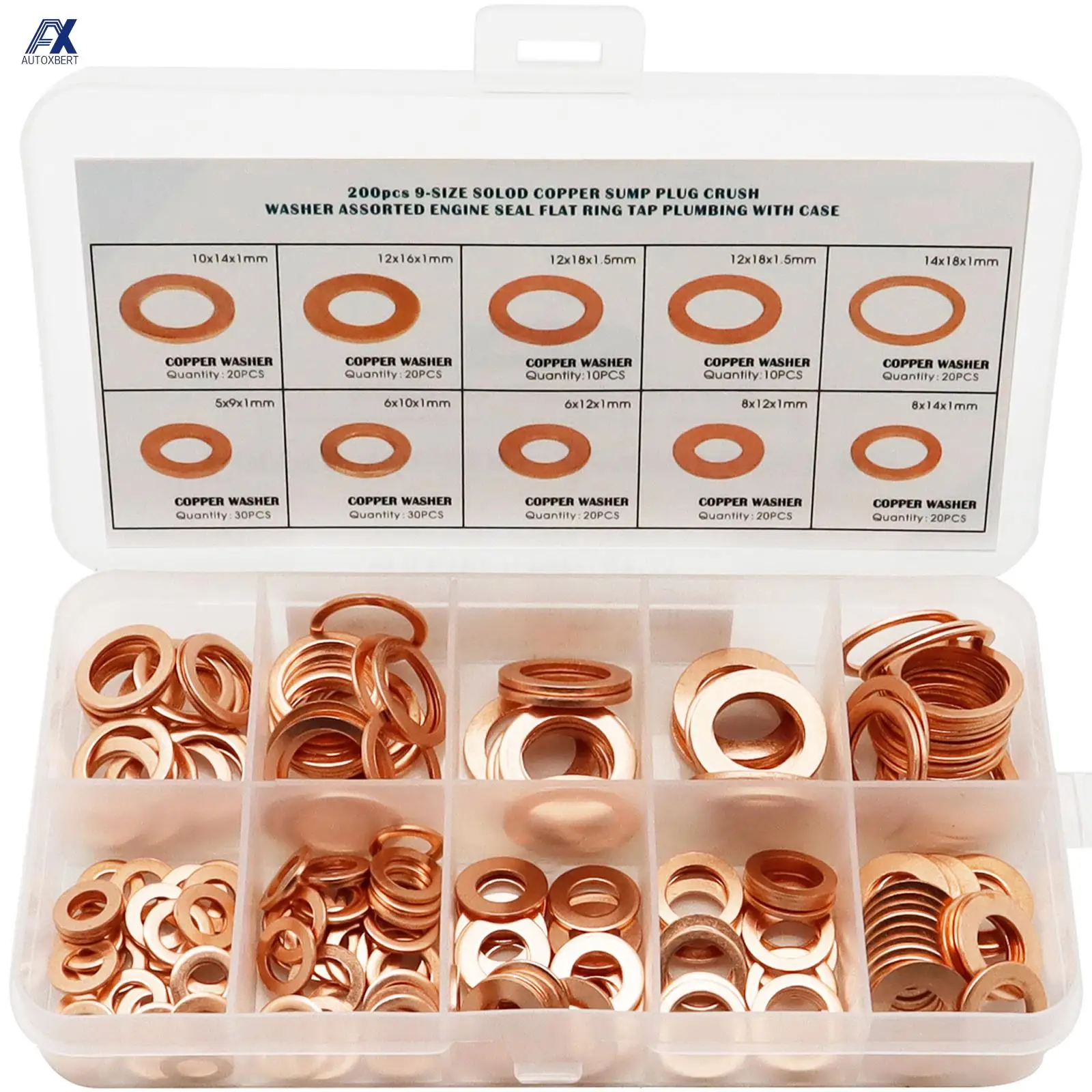 

200 Pcs Copper Sealing Solid Gasket Washer Sump Plug Oil For Boat Crush Flat Seal Ring Tool Hardware M5/M6/M8/M10/M12/M14 Pack