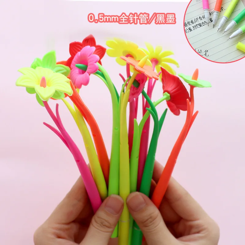 

24 Pcs Wholesale Cute Flower Neutral Pen Creative Fountain Pens Black Water-based Pen Primary School Stationery Office