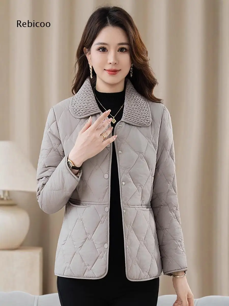 Button Front Quilted Jacket For Women Spliced Lapel Collar Loose Silhouette For Autumn Winter Commuting And Daily Use