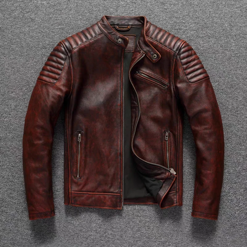 Retro Top Layer Cowhide Motorcycle Leather Jacket Reddish Brown Leather Cycling Suit Men's Slim Short Coat