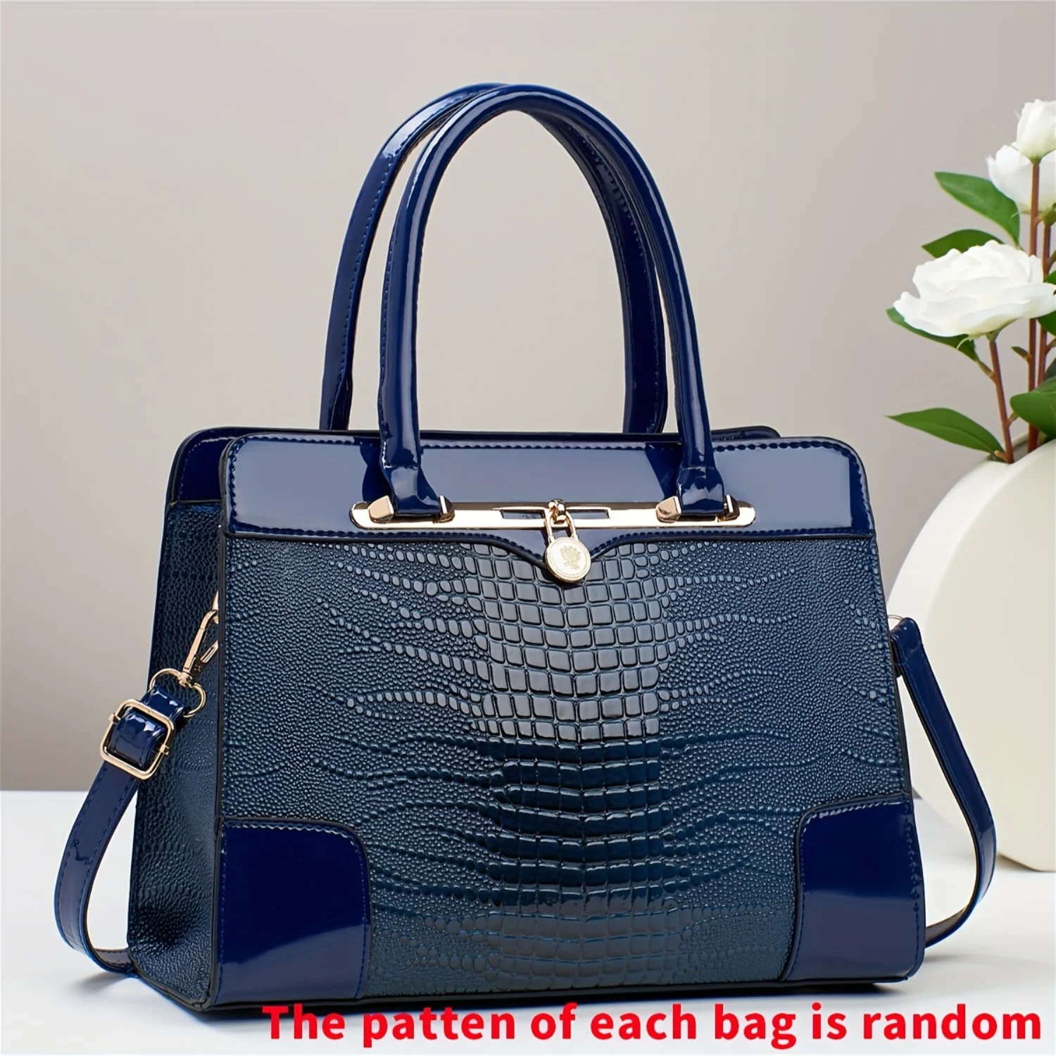 

Crocodile-Pattern Satchel - Large Capacity, Glossy Finish, Leather-Lined, Versatile with Removable Strap & Zipper Closure