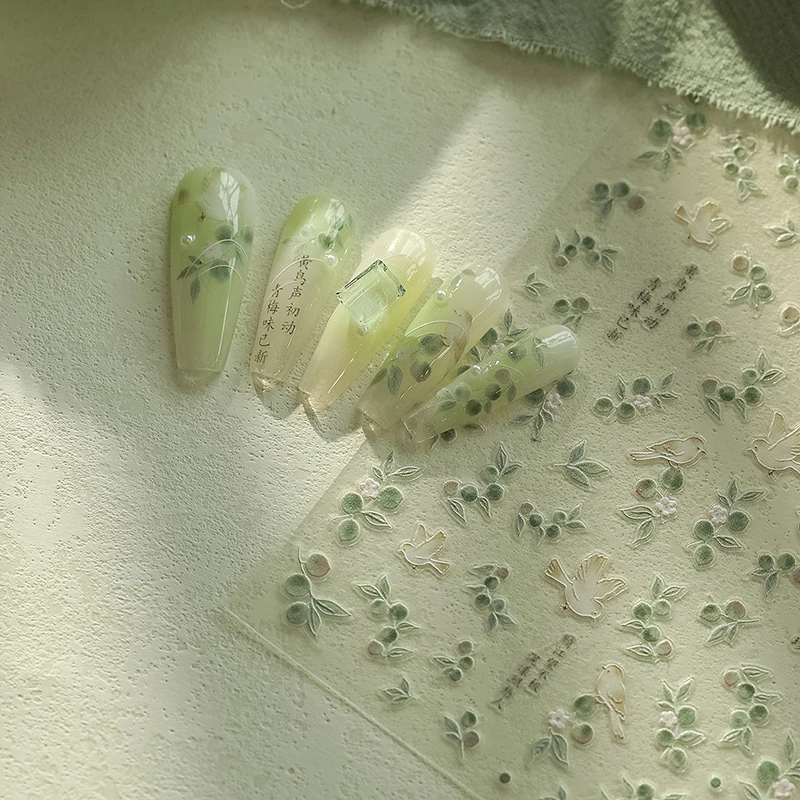 5D Embossed Chinese Style Nail Stickers Green Plum Oriole Self Adhesive Nail Art Decoration Decals Accessories DIY