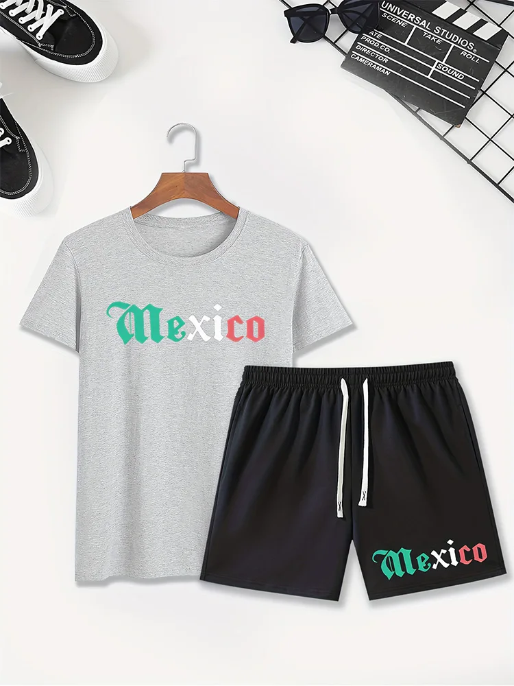 

Модный комплект с буквенным принтом в мексиканском стиле, мужская летняя одежда для тренировок свободного кроя, сетчатый топ с короткими рукавами и шорты, комплект из двух предметов