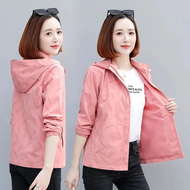 

Rice Ear Printing Short Jackets Spring Autumn New Women Coats Long Sleeve Stand Collar Zipper Korean Casual Hooded Jacket Tops