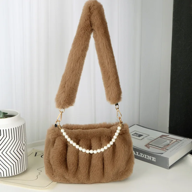 2026 Fashion New Soft Plush Fur Underarm Bag For Women Wrinkled Small‑Square Shoulder Bag Elegant Pearl‑Chain Ladies Daily Purse