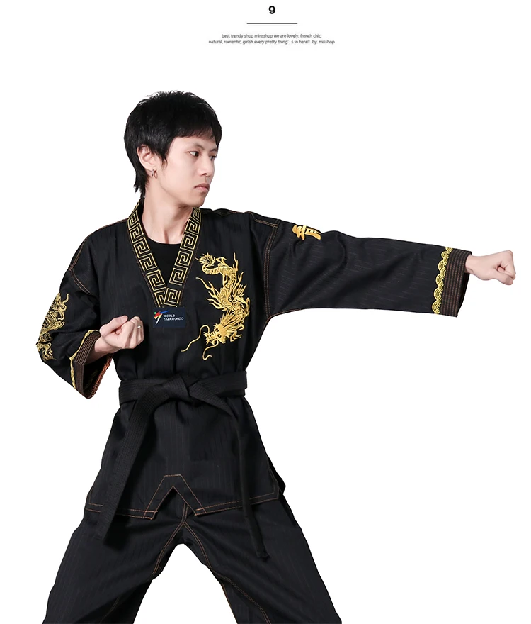 High Quality Taekwondo Uniform Black WT Dobok Tae Kwon Do MMA Martial Arts Karate Suits Embroidered Dragon Pattern