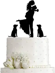 Black Wedding Cake Topper - Bride Hold Groom with Flowers Besides 2 Pet Dogs Silhouette Cake Decoration